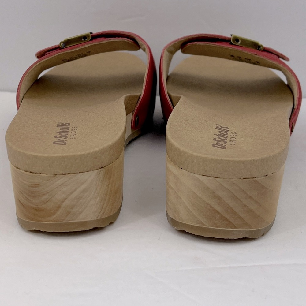 Dr Scholl’s SHOES, RED LEATHER TOP, ADJUSTABLE TOP STRAP, WOODEN SOLE, SIZE 10M - Picture 4 of 16